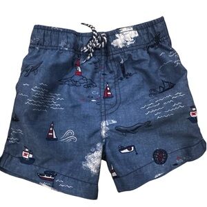 Mud Pie Little Baby Boy Swim Trunks Blue Sailboats Elastic Waist Sz Sm 2T-3T